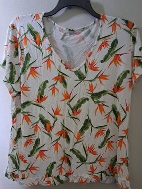 White V-Neck Tropical Print Top with Orange Floral Accents